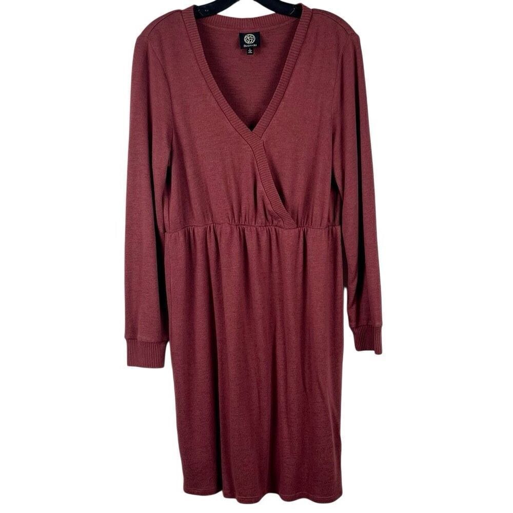 Bobeau Burgundy Mini Long Sleeve Wrap Sweater Dress Large